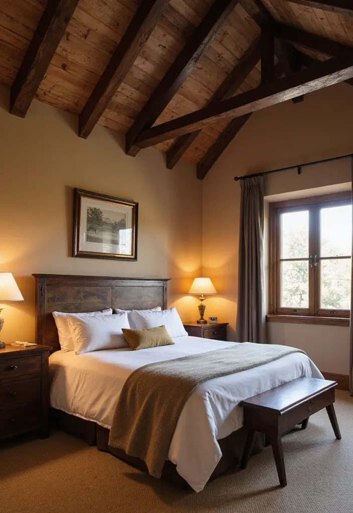 27 Dark Wood Bedroom Furniture Ideas with Boho Charm 41 27 Dark Wood Bedroom Furniture Ideas with Boho Charm - 11. Dark Wood Beams