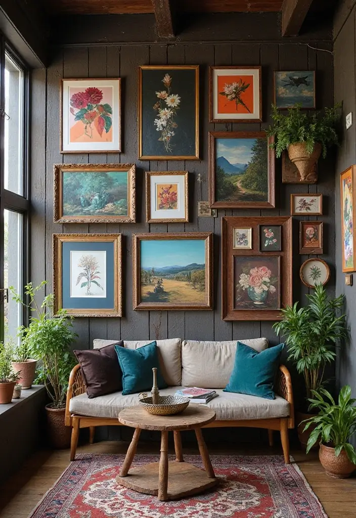 27 Dark Wood Bedroom Furniture Ideas with Boho Charm 27 27 Dark Wood Bedroom Furniture Ideas with Boho Charm - 9. Eclectic Art Displays