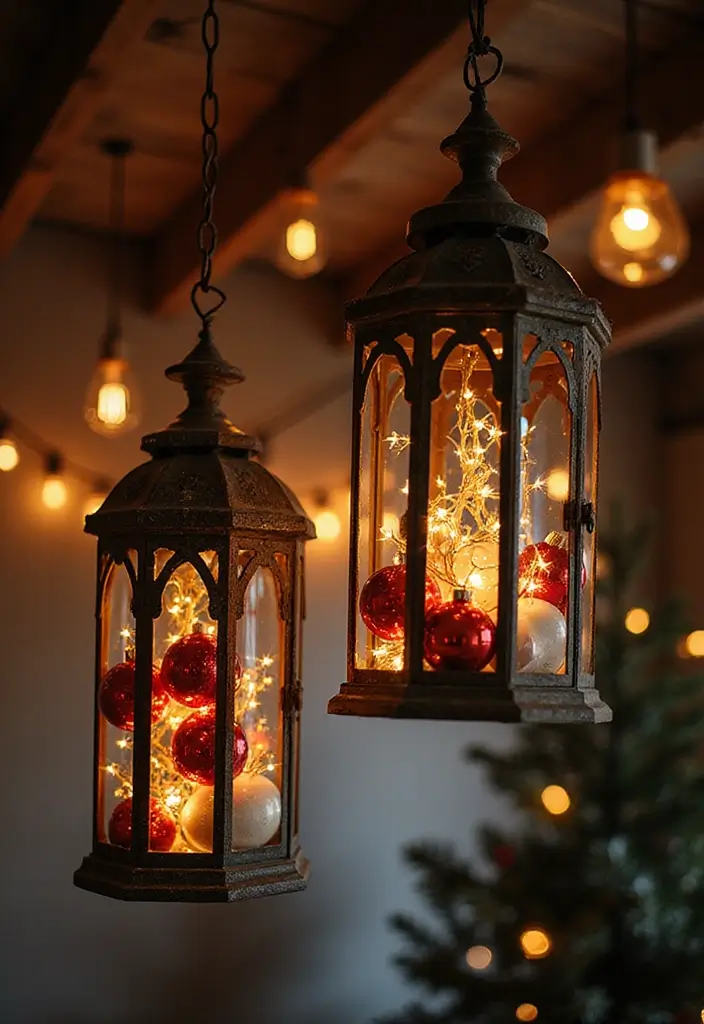 27 Red White and Wood Christmas Decor Ideas for Holiday Warmth 83 27 Red White and Wood Christmas Decor Ideas for Holiday Warmth - 19. Decorative Lanterns with Twinkling Lights