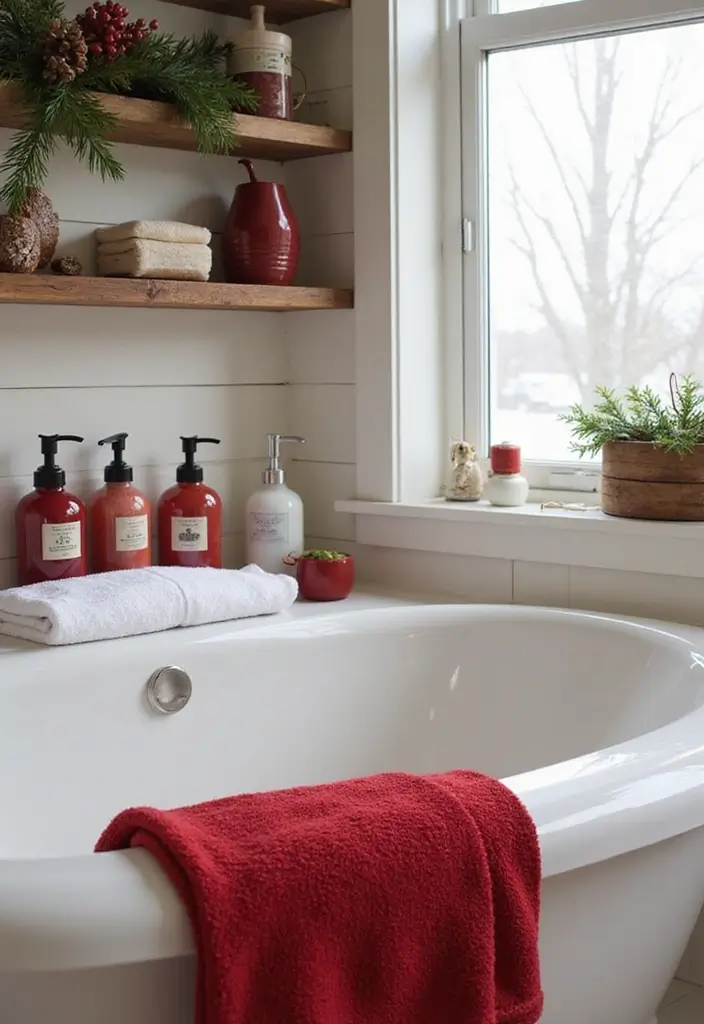27 Red White and Wood Christmas Decor Ideas for Holiday Warmth 103 27 Red White and Wood Christmas Decor Ideas for Holiday Warmth - 27. Holiday-Themed Bath Decor