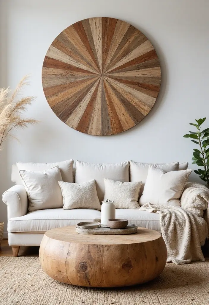 27 Round Wood Coffee Table Decor Ideas That Tie a Room Together 44 27 Round Wood Coffee Table Decor Ideas That Tie a Room Together - 12. Rustic Wall Art Backdrop
