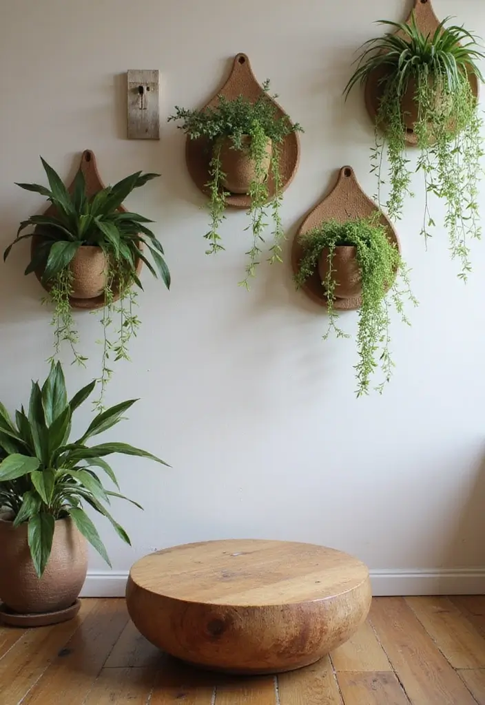 27 Round Wood Coffee Table Decor Ideas That Tie a Room Together 45 27 Round Wood Coffee Table Decor Ideas That Tie a Room Together - 13. Earthy Wall Planters