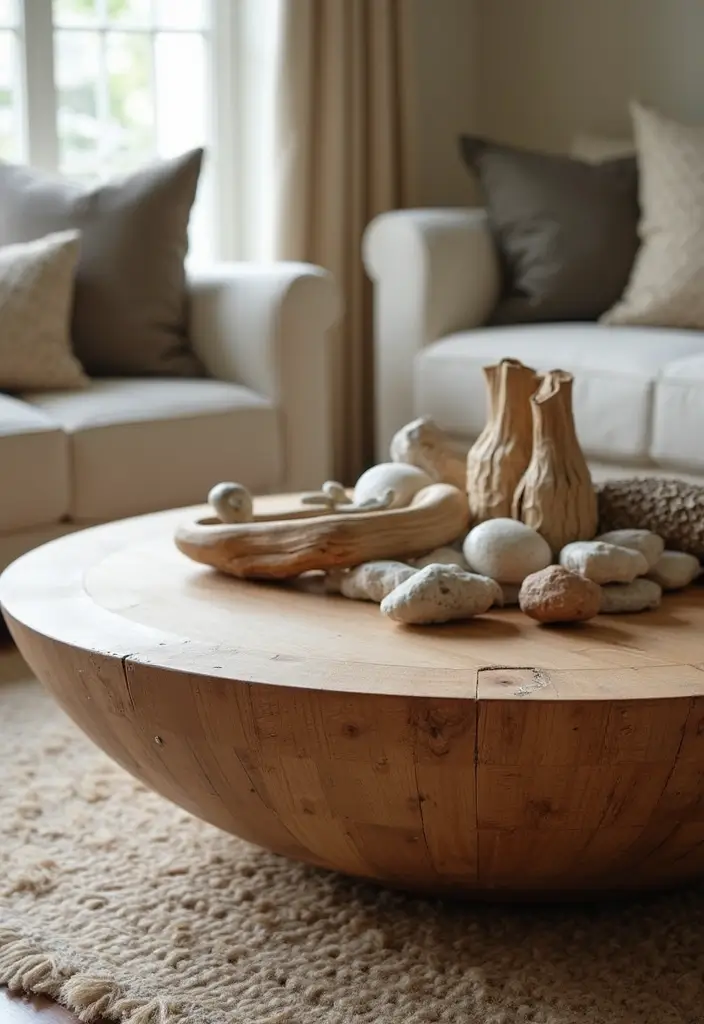 27 Round Wood Coffee Table Decor Ideas That Tie a Room Together 48 27 Round Wood Coffee Table Decor Ideas That Tie a Room Together - 16. Rustic Nature-Inspired Accents