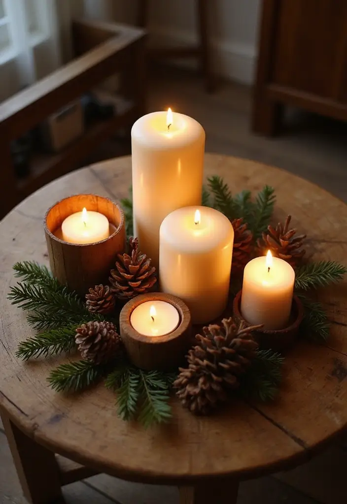 27 Round Wood Coffee Table Decor Ideas That Tie a Room Together 2 27 Round Wood Coffee Table Decor Ideas That Tie a Room Together - 2. Rustic Candle Displays