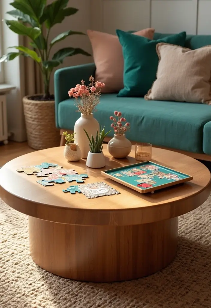 27 Round Wood Coffee Table Decor Ideas That Tie a Room Together 54 27 Round Wood Coffee Table Decor Ideas That Tie a Room Together - 20. Fun and Interactive Decor