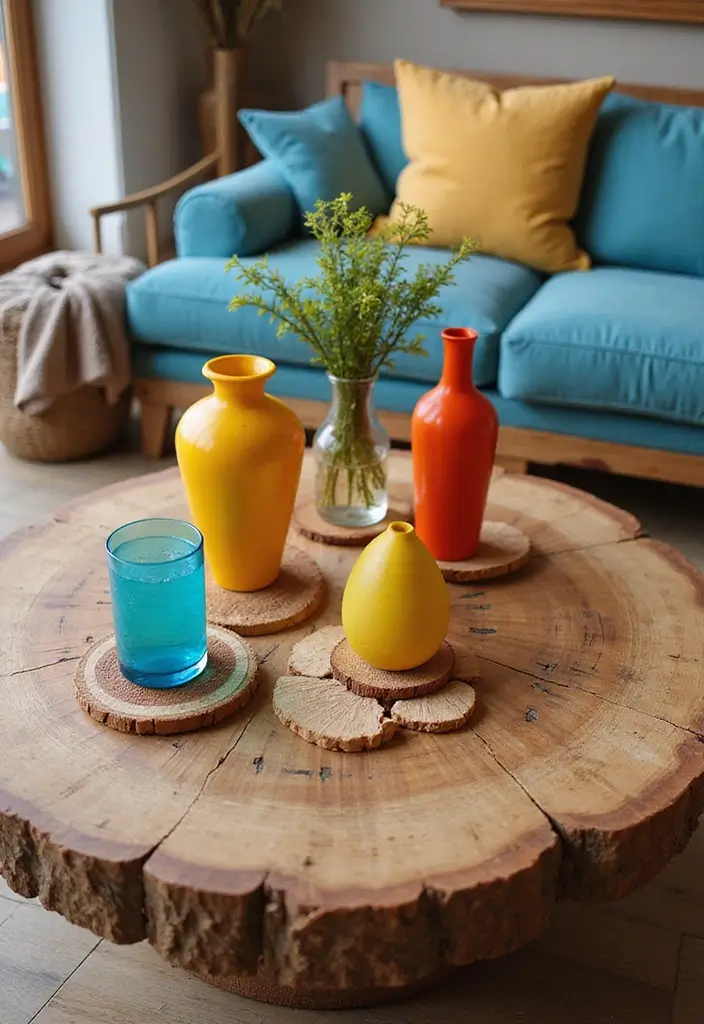 27 Round Wood Coffee Table Decor Ideas That Tie a Room Together 58 27 Round Wood Coffee Table Decor Ideas That Tie a Room Together - 24. Colorful Accents