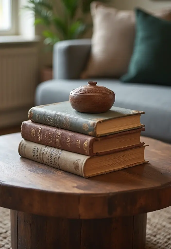 27 Round Wood Coffee Table Decor Ideas That Tie a Room Together 3 27 Round Wood Coffee Table Decor Ideas That Tie a Room Together - 3. Vintage Books Stacked with Style