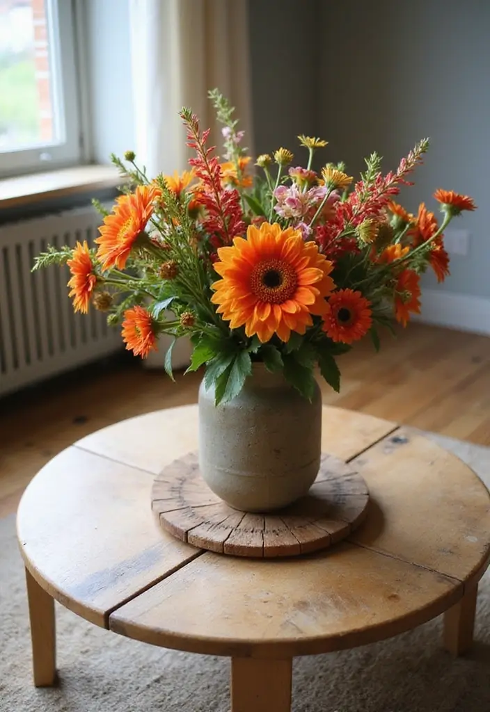 27 Round Wood Coffee Table Decor Ideas That Tie a Room Together 8 27 Round Wood Coffee Table Decor Ideas That Tie a Room Together - 4. Seasonal Floral Arrangements