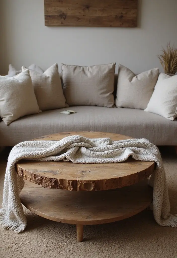 27 Round Wood Coffee Table Decor Ideas That Tie a Room Together 9 27 Round Wood Coffee Table Decor Ideas That Tie a Room Together - 5. Cozy Textiles and Throws