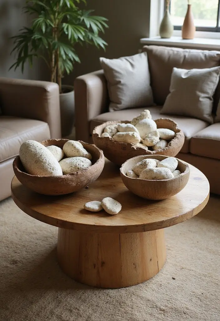 27 Round Wood Coffee Table Decor Ideas That Tie a Room Together 17 27 Round Wood Coffee Table Decor Ideas That Tie a Room Together - 7. Nature-Inspired Decorative Bowls