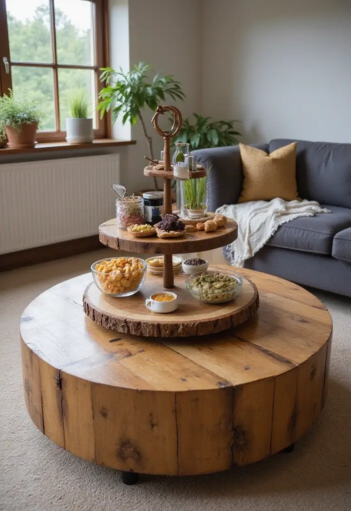 27 Round Wood Coffee Table Decor Ideas That Tie a Room Together 24 27 Round Wood Coffee Table Decor Ideas That Tie a Room Together - 8. Multi-Tiered Serving Trays