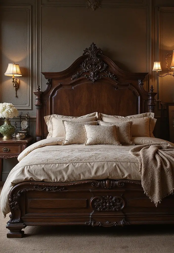 28 Dark Wood Headboard Bedroom Decor Ideas for a Luxurious Touch - 12. Dark Wood Headboard with Carved Detailing