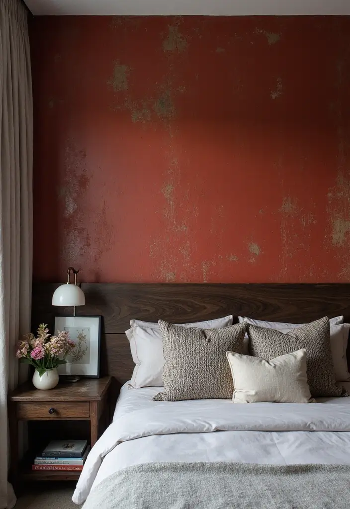 28 Dark Wood Headboard Bedroom Decor Ideas for a Luxurious Touch - 14. Dark Wood Headboard with a Feature Wall