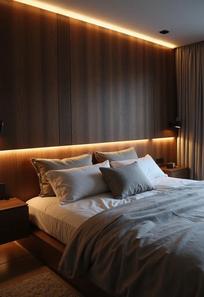 28 Dark Wood Headboard Bedroom Decor Ideas for a Luxurious Touch - 15. Dark Wood Headboard with LED Lighting