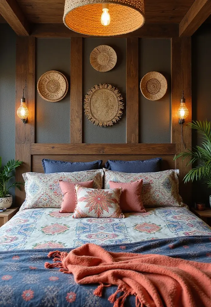 28 Dark Wood Headboard Bedroom Decor Ideas for a Luxurious Touch - 16. Dark Wood Headboard with Woven Accents