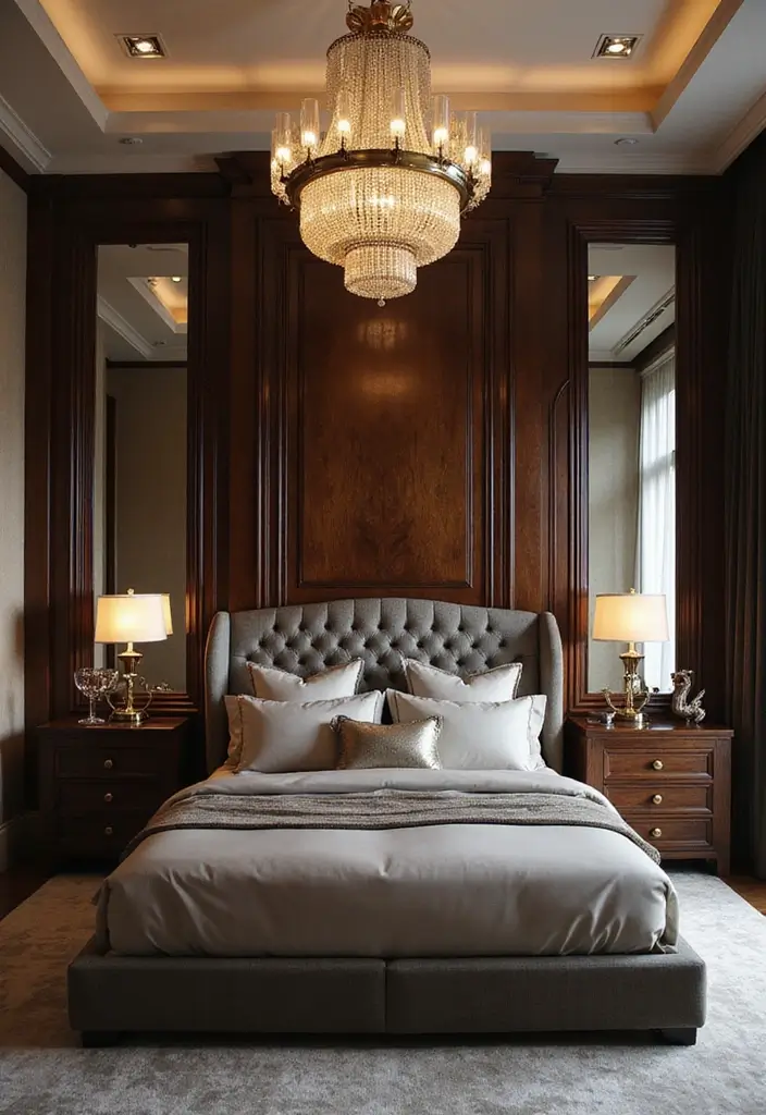 28 Dark Wood Headboard Bedroom Decor Ideas for a Luxurious Touch - 17. Dark Wood Headboard with Art Deco Elements