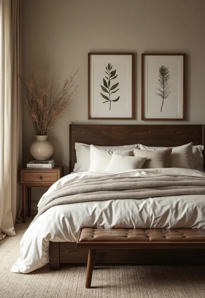 28 Dark Wood Headboard Bedroom Decor Ideas for a Luxurious Touch - 18. Dark Wood Headboard with Nature-Inspired Decor