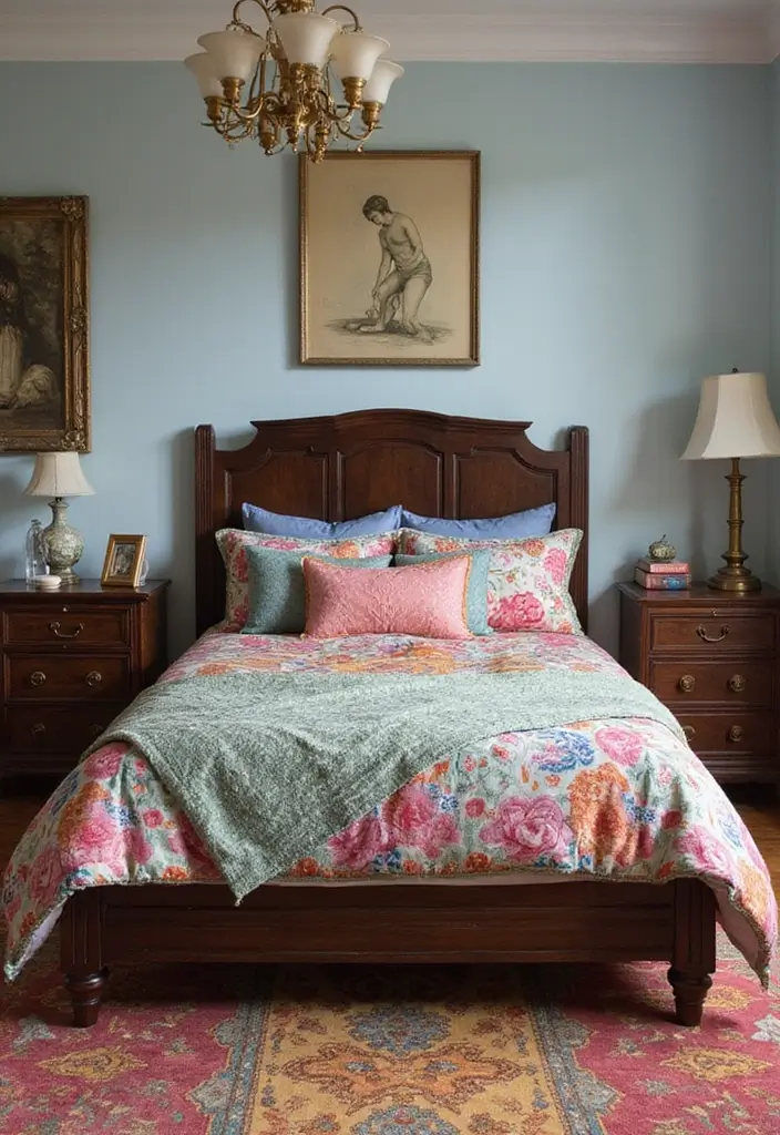 28 Dark Wood Headboard Bedroom Decor Ideas for a Luxurious Touch - 19. Dark Wood Headboard with Colorful Accents