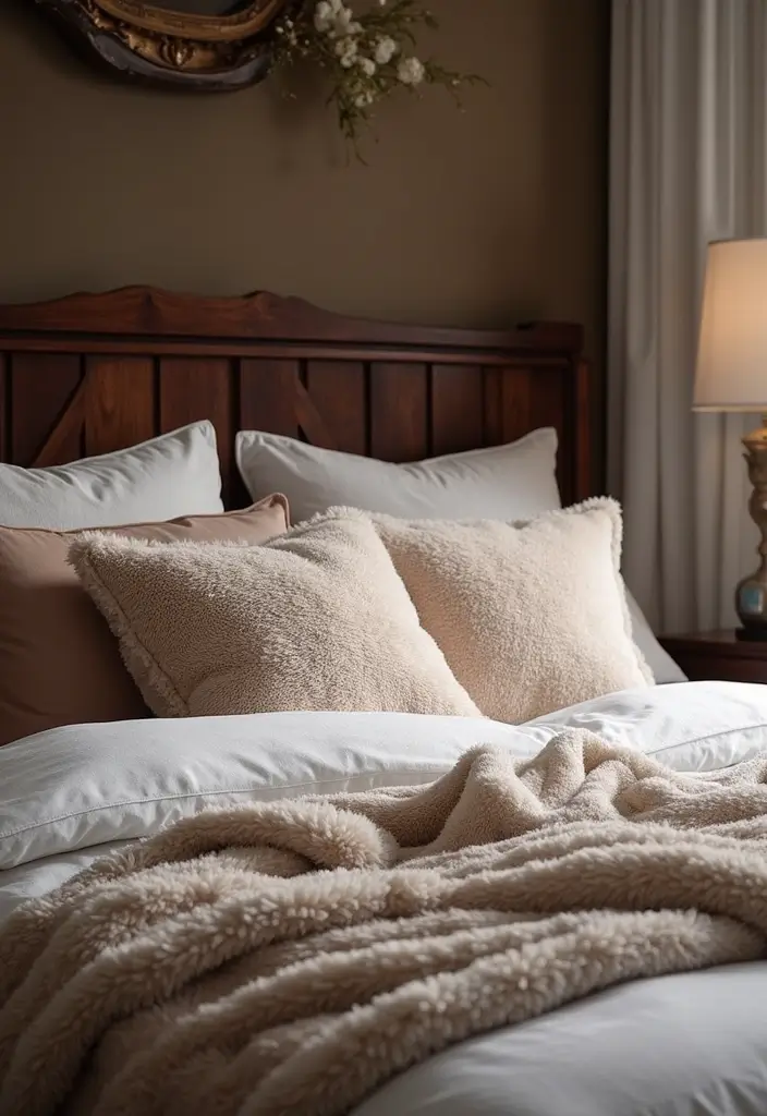 28 Dark Wood Headboard Bedroom Decor Ideas for a Luxurious Touch - 20. Dark Wood Headboard with Soft Fabrics
