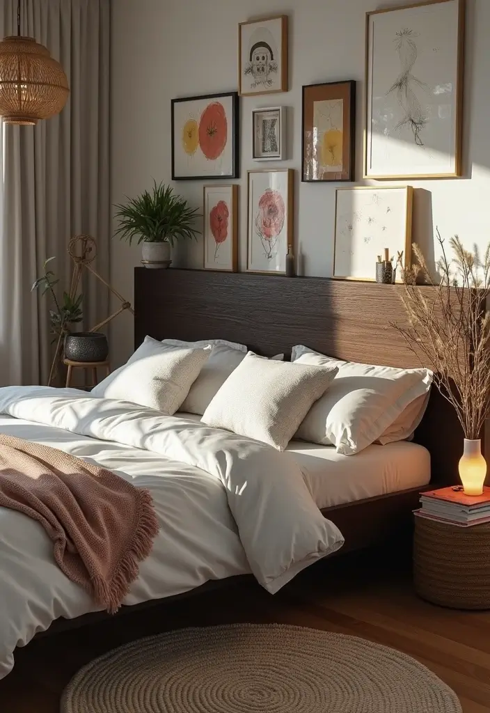 28 Dark Wood Headboard Bedroom Decor Ideas for a Luxurious Touch - 21. Dark Wood Headboard with Artistic Touches