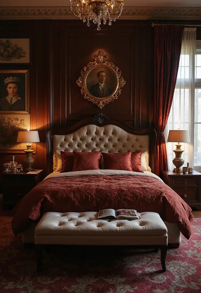 28 Dark Wood Headboard Bedroom Decor Ideas for a Luxurious Touch - 23. Dark Wood Headboard with a Touch of Glam