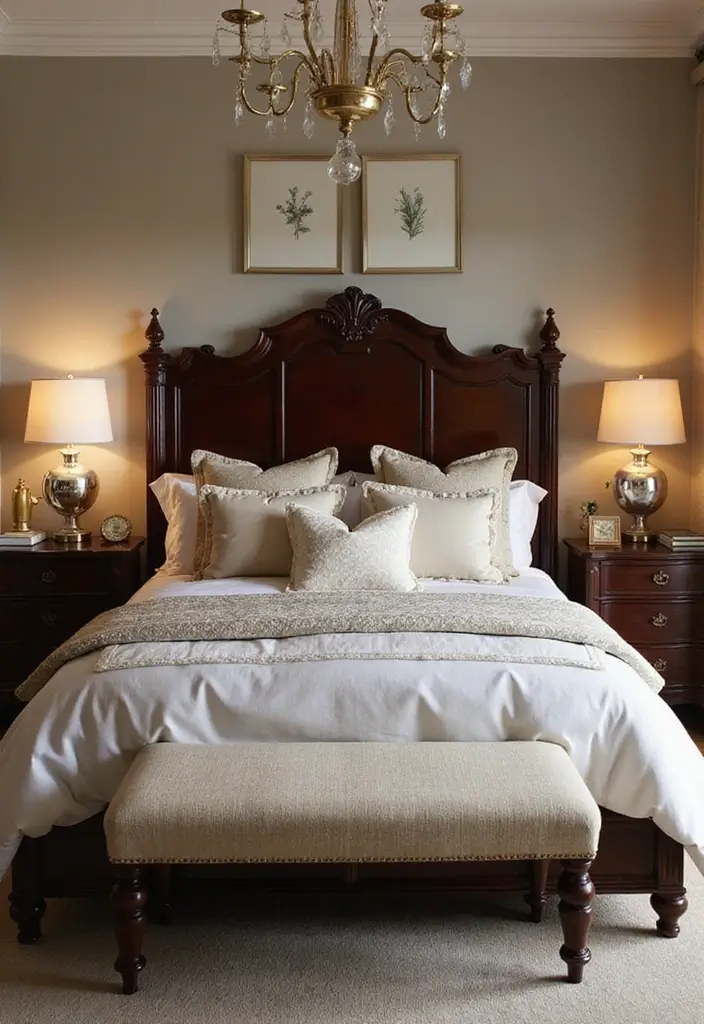 28 Dark Wood Headboard Bedroom Decor Ideas for a Luxurious Touch - 26. Dark Wood Headboard with Decorative Trim