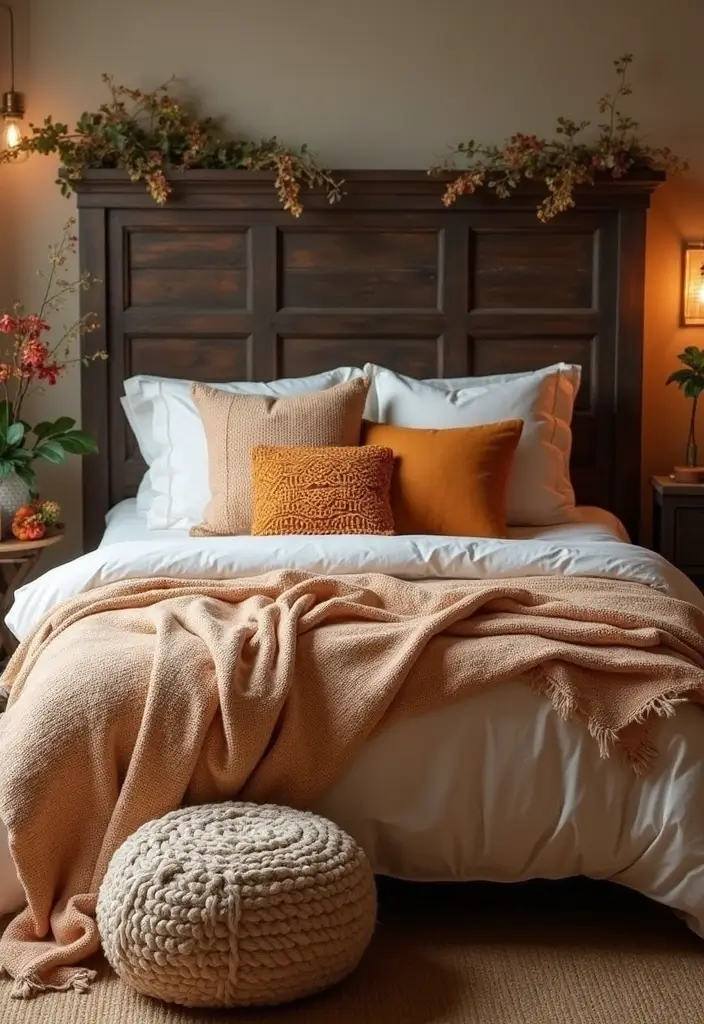 28 Dark Wood Headboard Bedroom Decor Ideas for a Luxurious Touch - 27. Dark Wood Headboard with Seasonal Decor