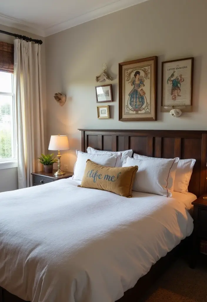 28 Dark Wood Headboard Bedroom Decor Ideas for a Luxurious Touch - 28. Dark Wood Headboard with Personalized Artwork