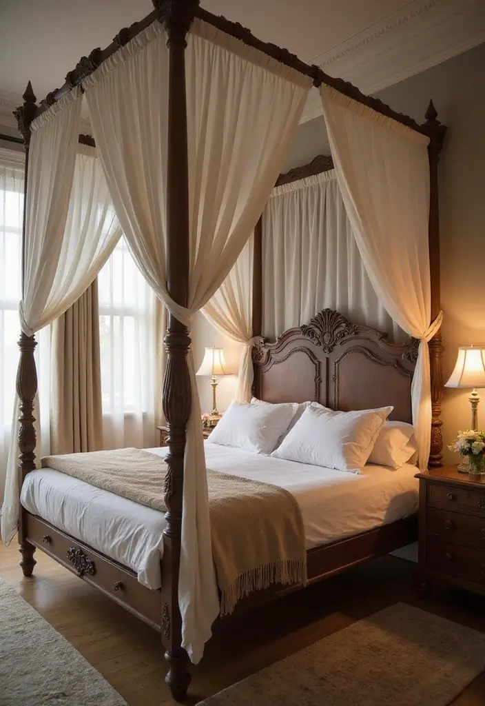 28 Dark Wood Headboard Bedroom Decor Ideas for a Luxurious Touch - 6. Dark Wood Canopy Headboard