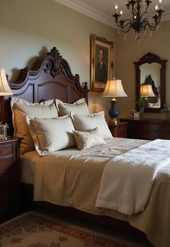 28 Dark Wood Headboard Bedroom Decor Ideas for a Luxurious Touch - 7. Vintage Dark Wood Headboard