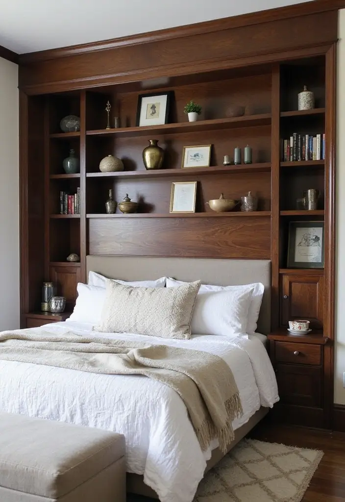 28 Dark Wood Headboard Bedroom Decor Ideas for a Luxurious Touch - 8. Dark Wood Headboard with Built-in Shelves