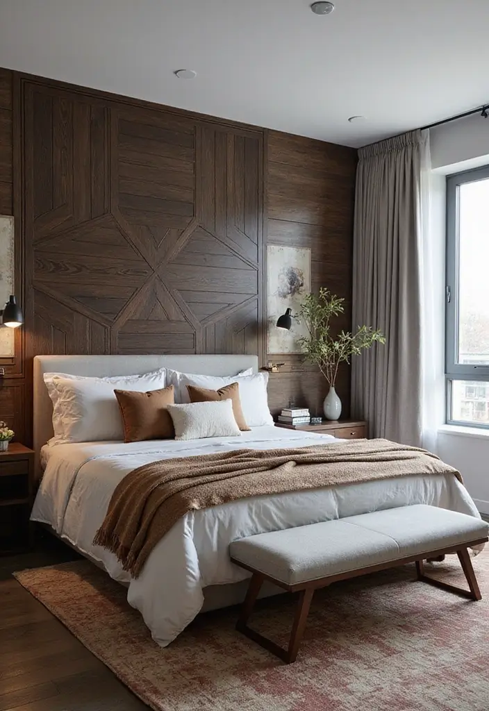 28 Dark Wood Headboard Bedroom Decor Ideas for a Luxurious Touch - 9. Dark Wood Headboard with Geometric Patterns