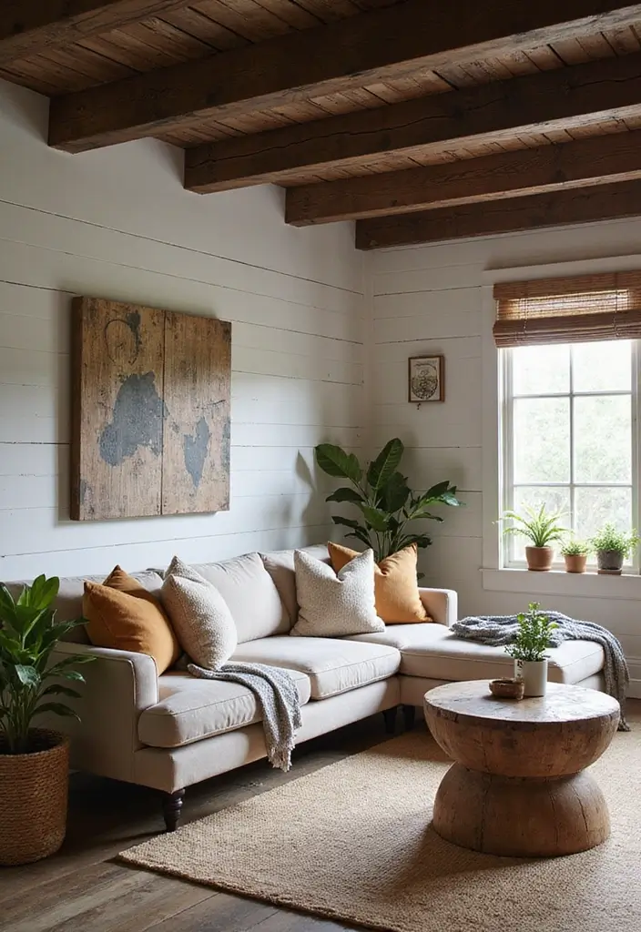 28 Dark Wood Living Room Decor Ideas That Feel Inviting - 1. Rustic Beams and Shiplap Walls