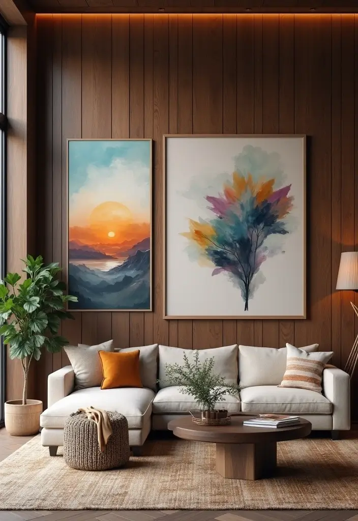 28 Dark Wood Living Room Decor Ideas That Feel Inviting - 12. Artistic Wall Decor
