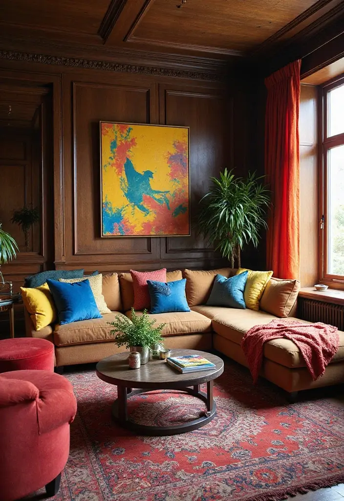28 Dark Wood Living Room Decor Ideas That Feel Inviting - 15. Colorful Accents