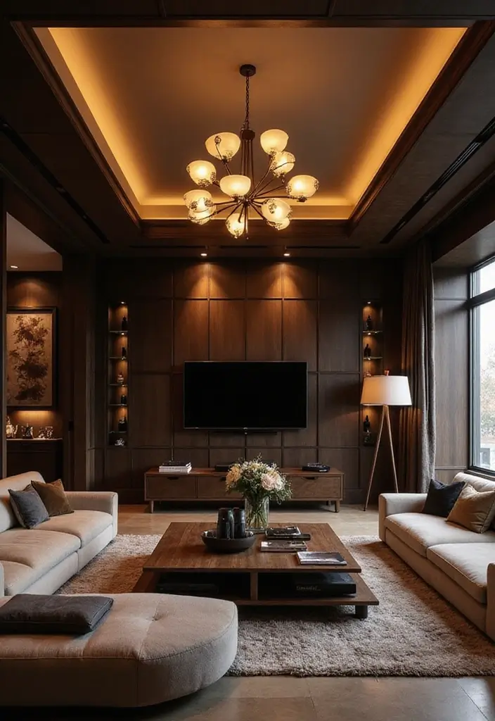 28 Dark Wood Living Room Decor Ideas That Feel Inviting - 18. Dramatic Lighting Fixtures