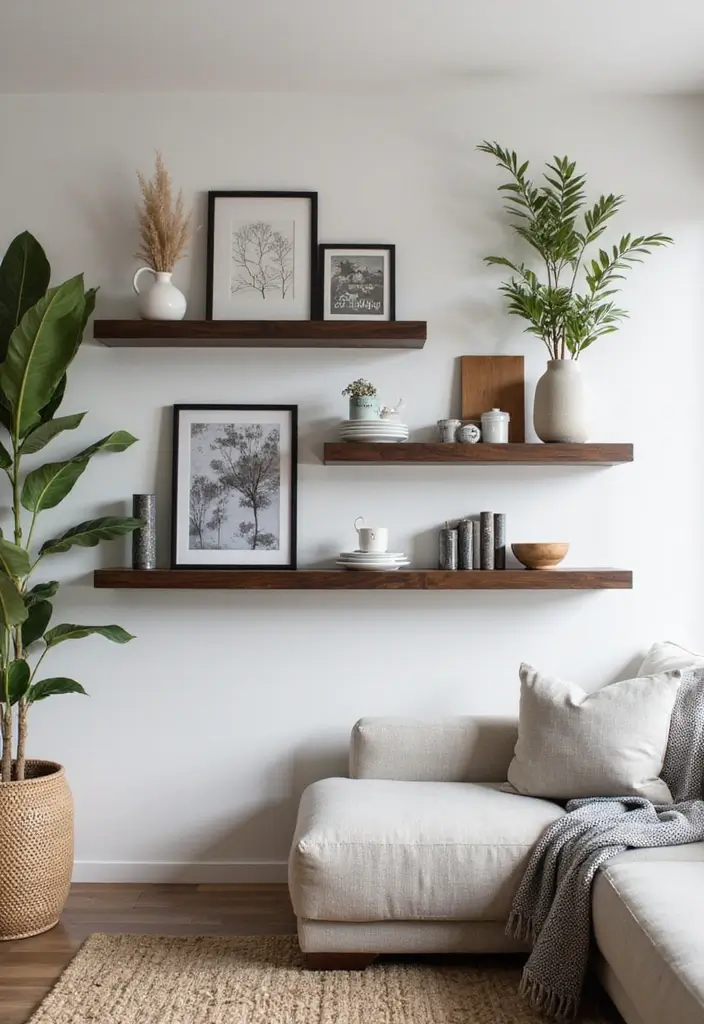 28 Dark Wood Living Room Decor Ideas That Feel Inviting - 19. Floating Dark Wood Shelves