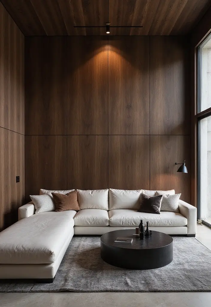 28 Dark Wood Living Room Decor Ideas That Feel Inviting - 22. Wall-to-Wall Dark Wood Panels