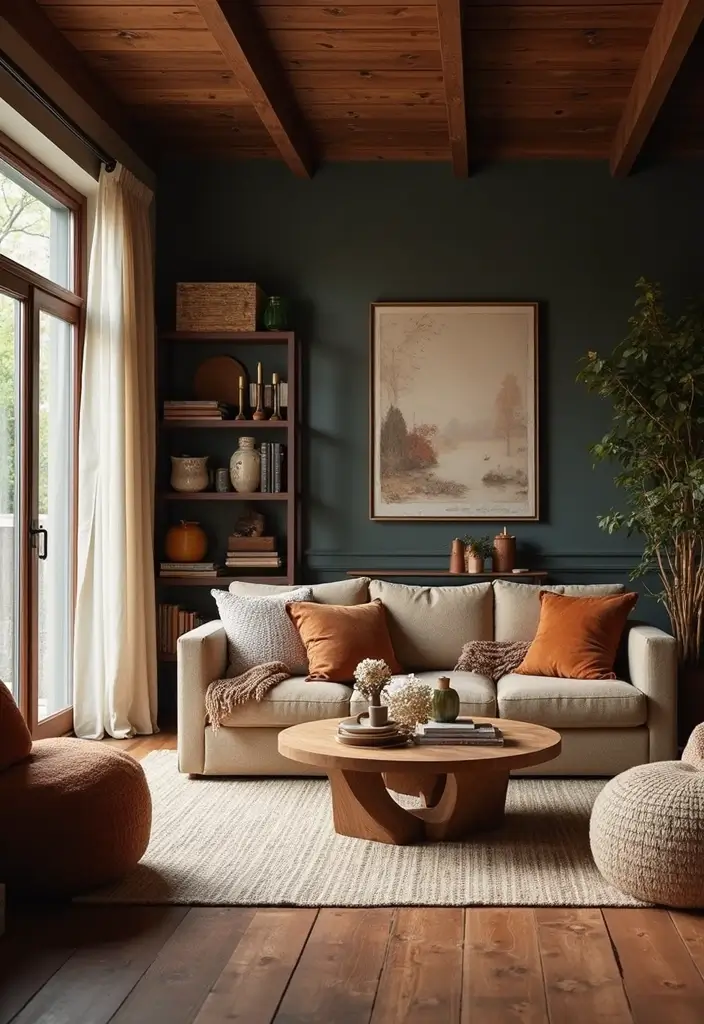 28 Dark Wood Living Room Decor Ideas That Feel Inviting - 28. Seasonal Decor Changes