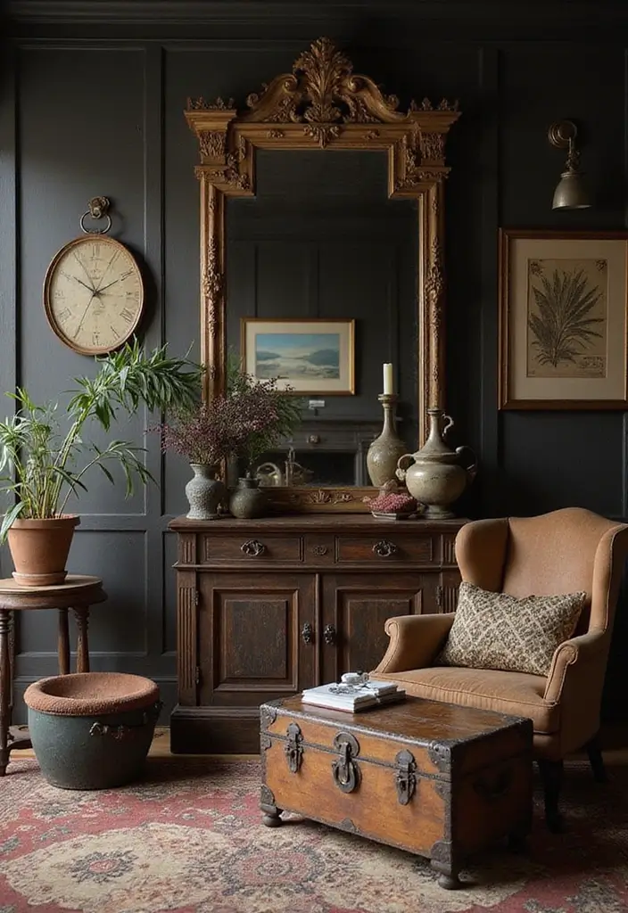 28 Dark Wood Living Room Decor Ideas That Feel Inviting - 4. Incorporating Vintage Finds