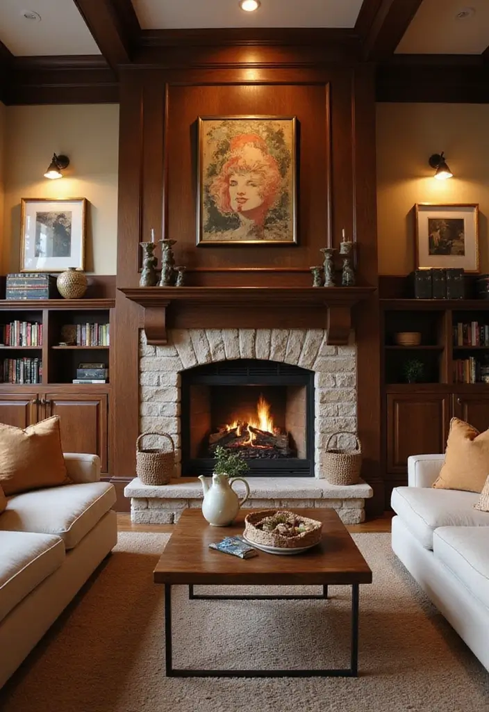 28 Dark Wood Living Room Decor Ideas That Feel Inviting - 5. Cozy Fireplaces with Dark Wood Accents
