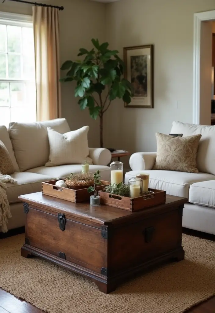 28 Dark Wood Living Room Decor Ideas That Feel Inviting - 7. Rustic Chests as Coffee Tables