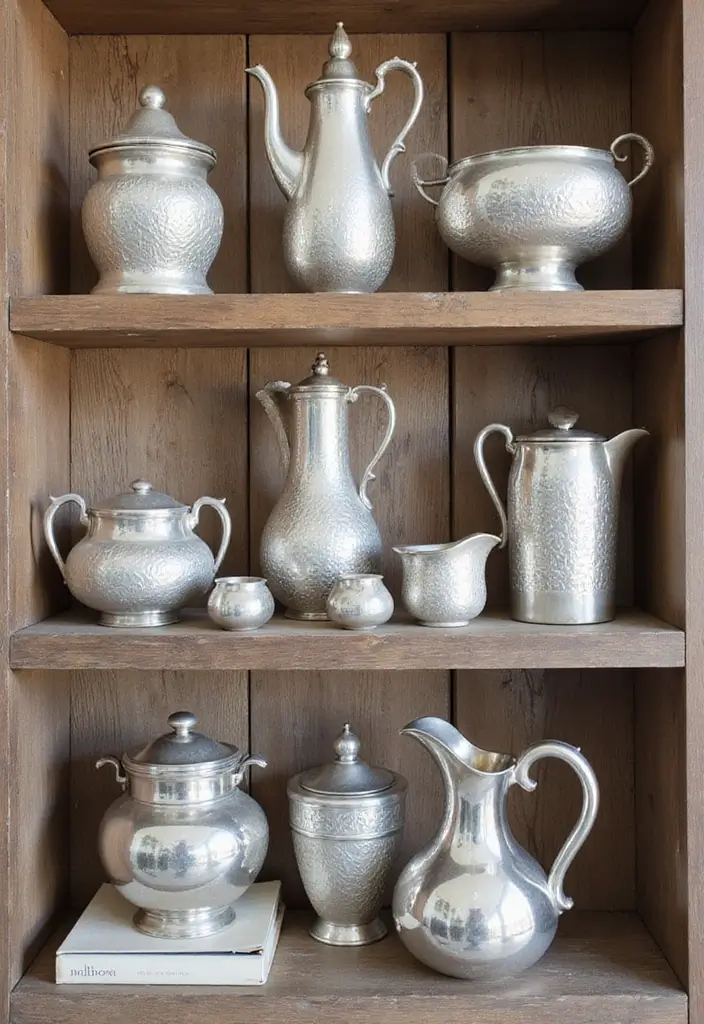 28 Silver and Wood Living Room Decor Ideas for Elegant Contrast 56 28 Silver and Wood Living Room Decor Ideas for Elegant Contrast - 16. Silver Decorative Objects on Wooden Shelving