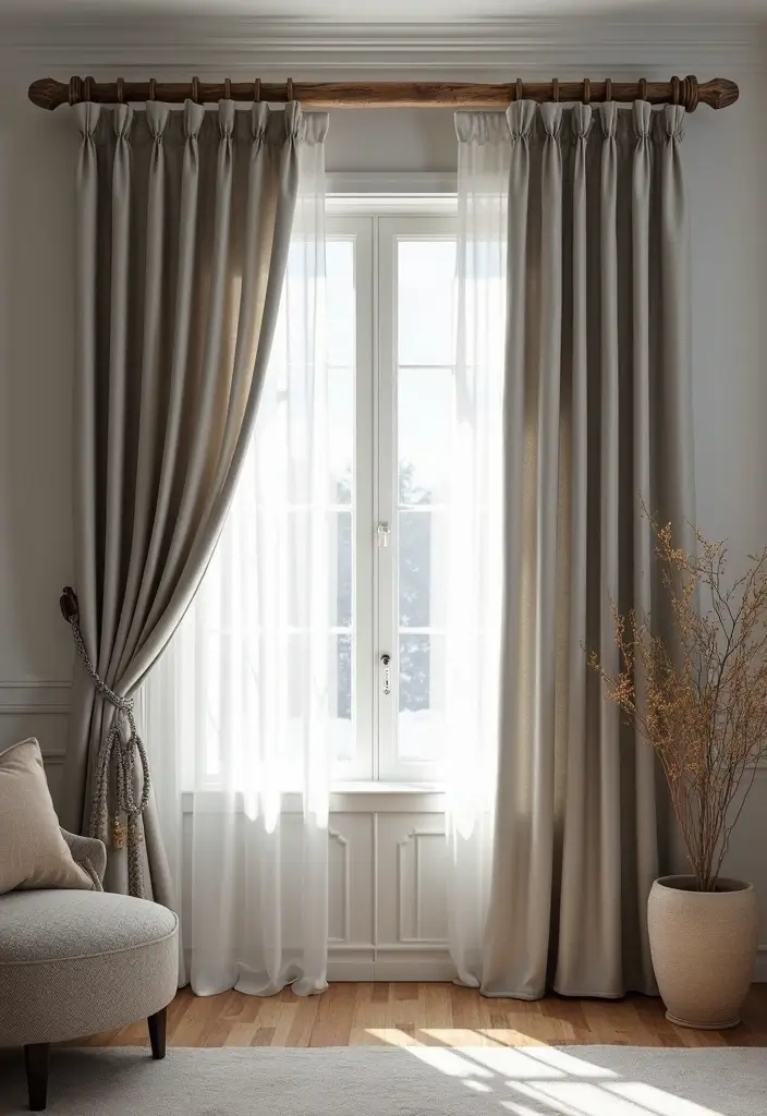 28 Silver and Wood Living Room Decor Ideas for Elegant Contrast 59 28 Silver and Wood Living Room Decor Ideas for Elegant Contrast - 17. Silver Curtains with Wooden Rods