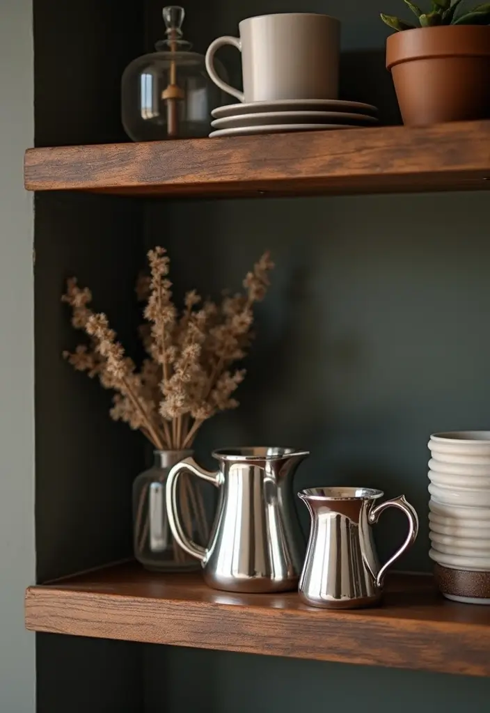 28 Silver and Wood Living Room Decor Ideas for Elegant Contrast 87 28 Silver and Wood Living Room Decor Ideas for Elegant Contrast - 25. Silver Coffee Mugs Displayed on Wooden Shelves