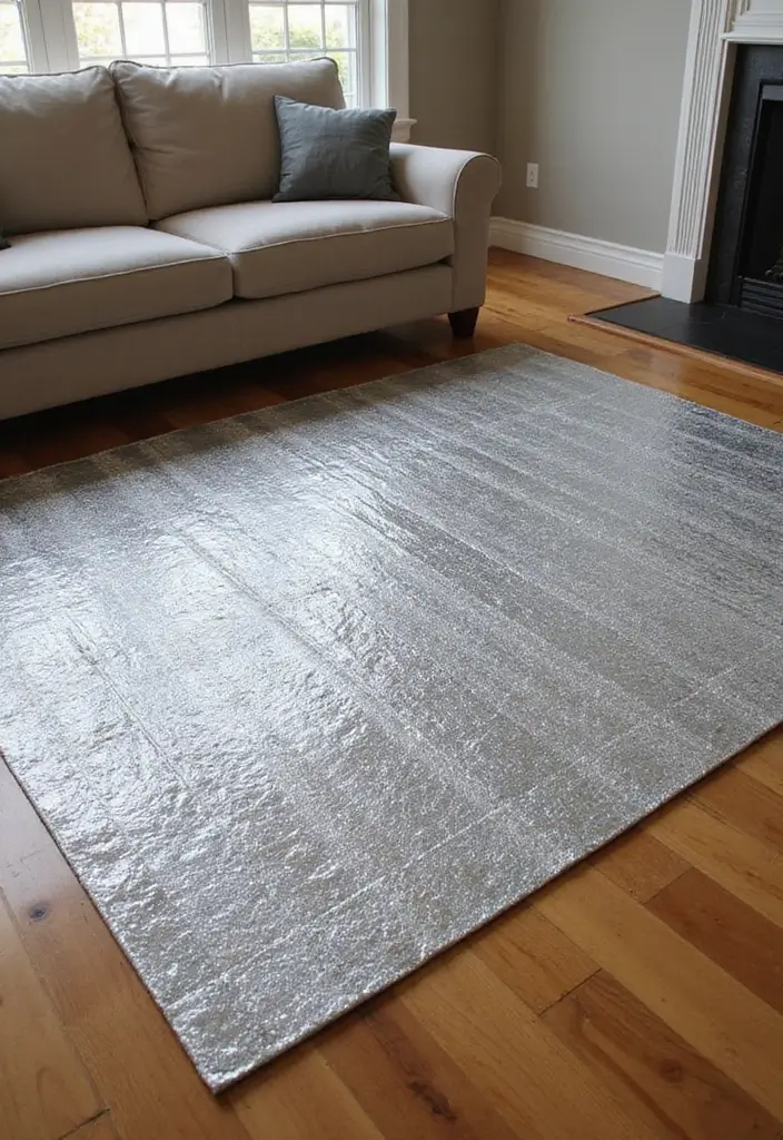 28 Silver and Wood Living Room Decor Ideas for Elegant Contrast 24 28 Silver and Wood Living Room Decor Ideas for Elegant Contrast - 6. Metallic Silver Rugs on Wooden Floors