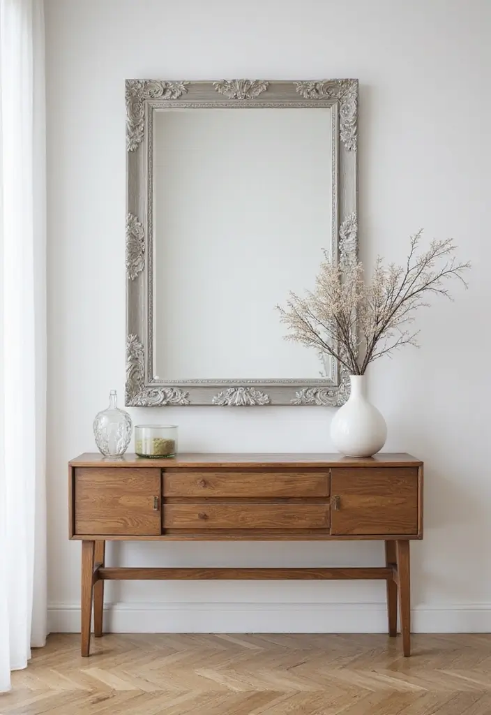 28 Silver and Wood Living Room Decor Ideas for Elegant Contrast 28 28 Silver and Wood Living Room Decor Ideas for Elegant Contrast - 8. Silver Mirrors in Wooden Frames