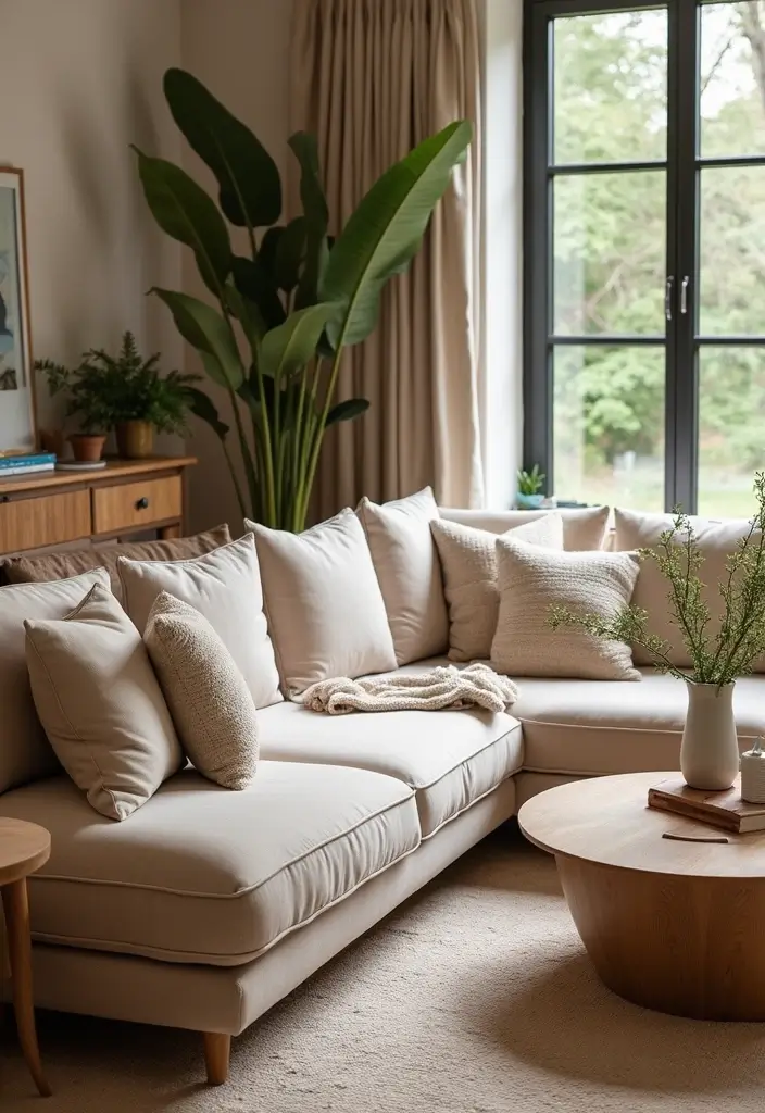 30 Beige and Wood Living Room Decor Ideas for a Soft Natural Style 1 30 Beige and Wood Living Room Decor Ideas for a Soft Natural Style - 1. Earthy Beige Sofa