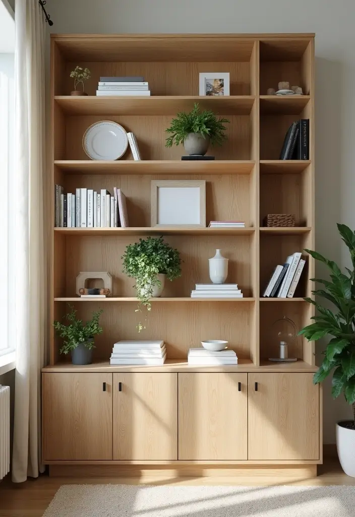 30 Beige and Wood Living Room Decor Ideas for a Soft Natural Style 25 30 Beige and Wood Living Room Decor Ideas for a Soft Natural Style - 11. Beige and Wood Bookshelves