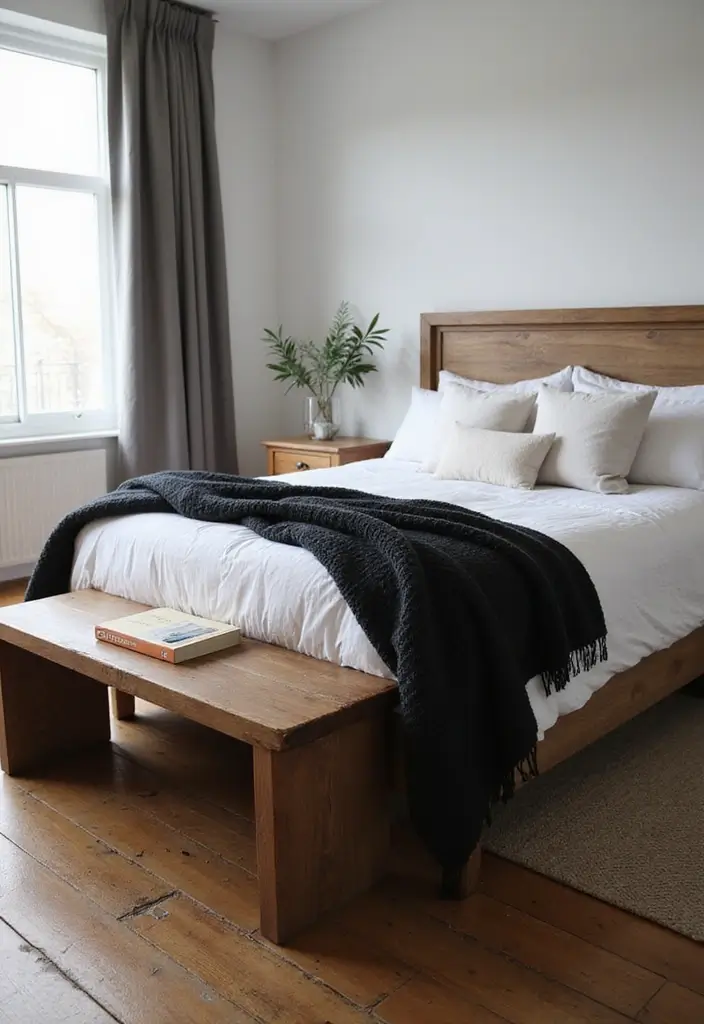 30 Black and Wood Bedroom Decor Ideas for a Modern Contrast 47 30 Black and Wood Bedroom Decor Ideas for a Modern Contrast - 13. Black Throws on Wooden Benches